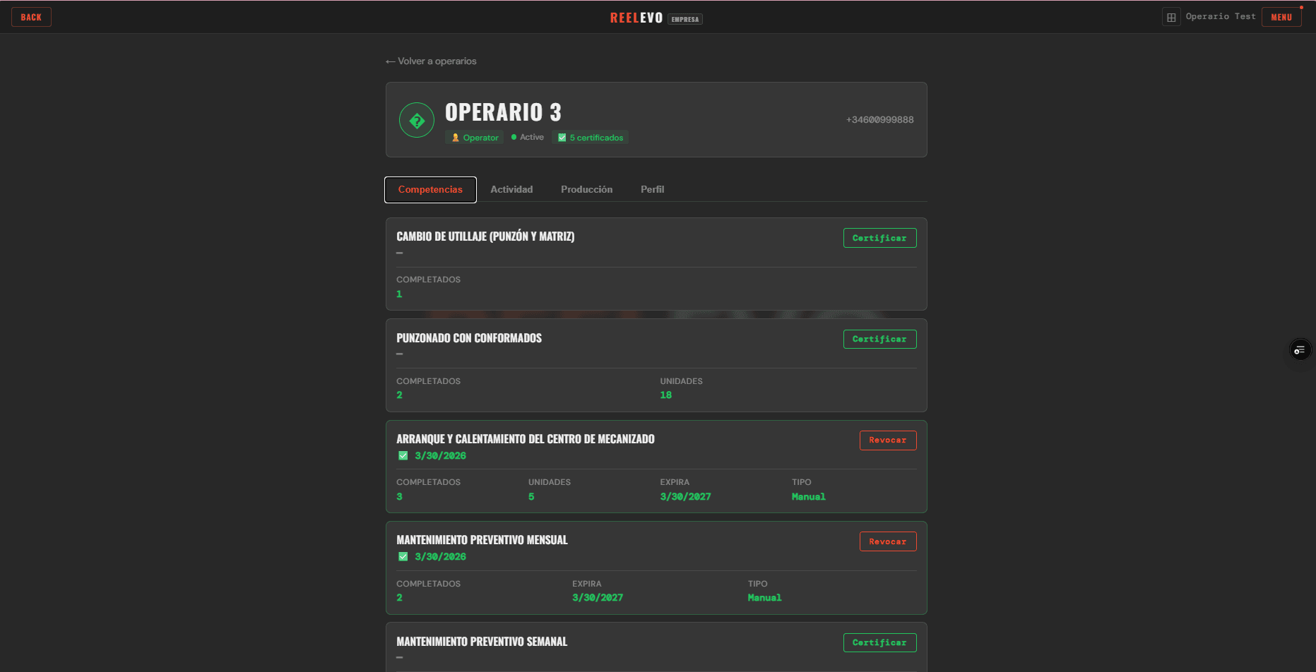 Detalle de competencias de un operario en REELEVO: certificaciones activas, en curso y fecha de expiración