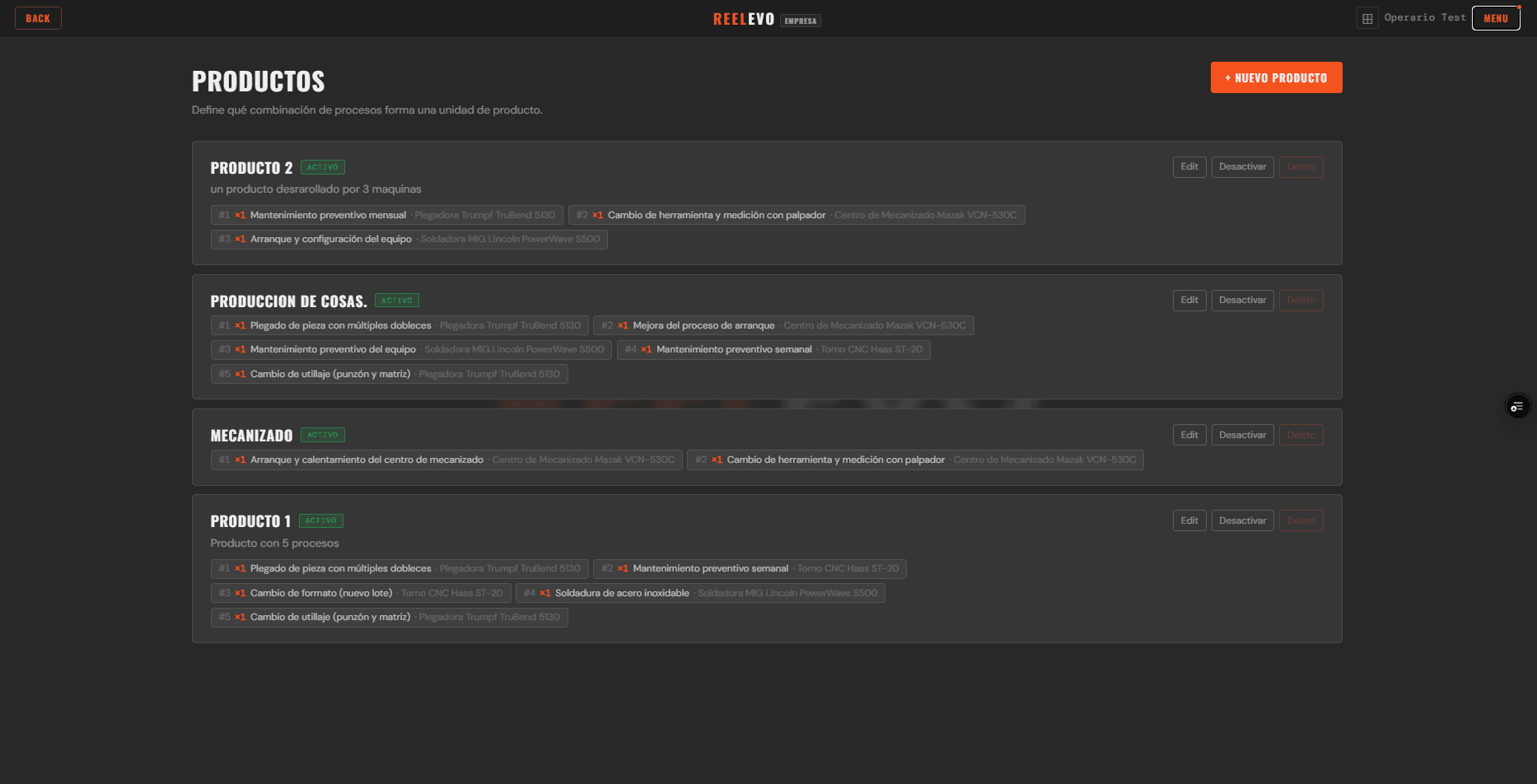 Gestión de productos y procesos en REELEVO: lista de productos con secuencias de procesos