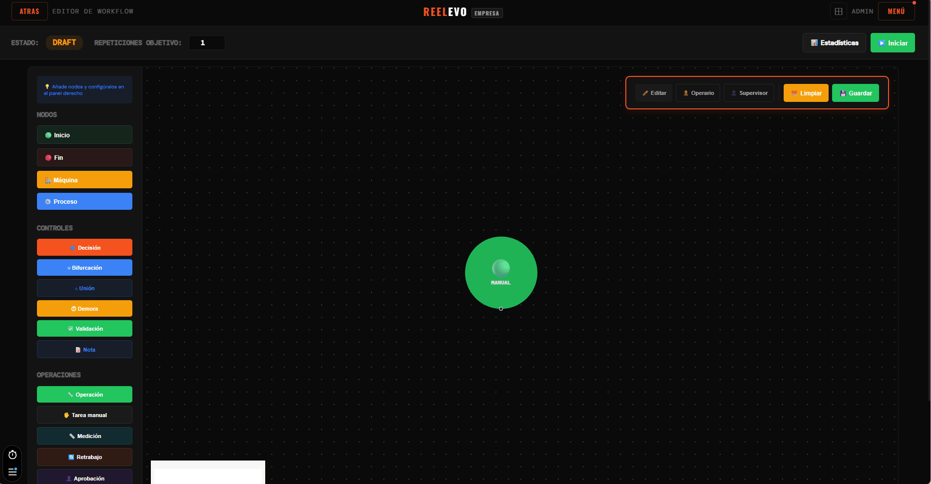 Editor visual de workflows en REELEVO con paleta de nodos