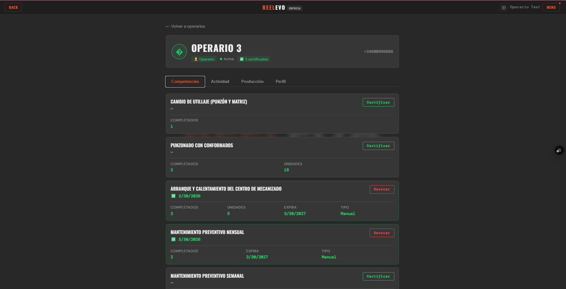Detalle de competencias de un operario en REELEVO: certificaciones activas, en proceso y caducadas