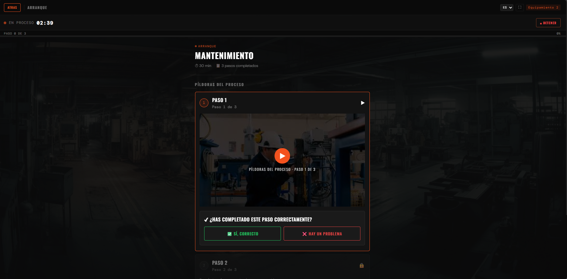 Vista operario REELEVO con acceso a proceso desde el puesto